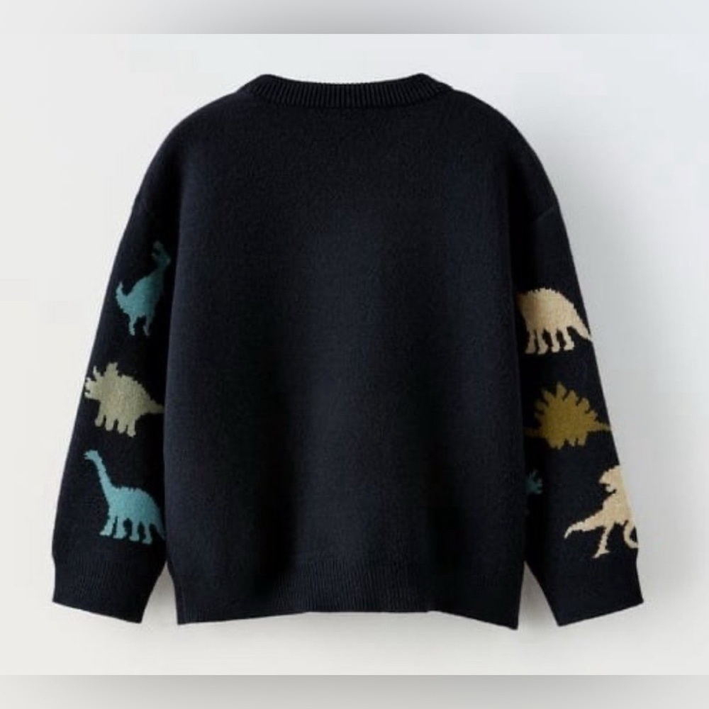 NWT Zara kids knit Dino dinosaur sweater crewneck multi trex 12-18 - Picture 2 of 2
